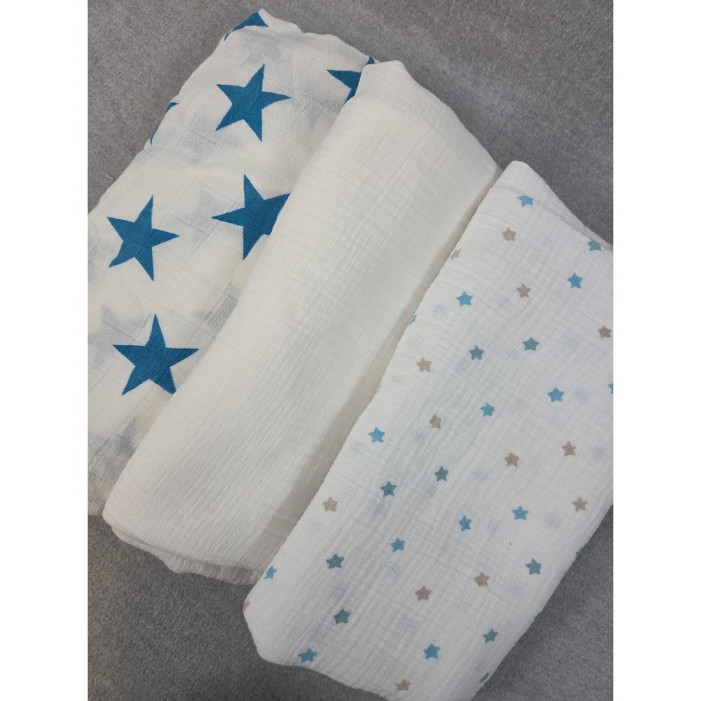 Aden + Anais Baby 3 Blanket Set Muslin Swaddle Blue Stars 46x46 Lightweight Soft